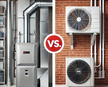 Side-by-side comparison of a traditional ducted furnace in a garage or utility room and a heat pump mini-split system with an outdoor unit and a wall-mounted indoor air handler. A ‘VS.’ symbol highlights the comparison.
