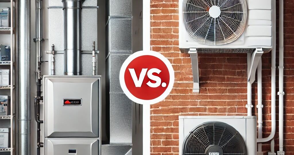 Side-by-side comparison of a traditional ducted furnace in a garage or utility room and a heat pump mini-split system with an outdoor unit and a wall-mounted indoor air handler. A ‘VS.’ symbol highlights the comparison.