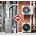 Side-by-side comparison of a traditional ducted furnace in a garage or utility room and a heat pump mini-split system with an outdoor unit and a wall-mounted indoor air handler. A ‘VS.’ symbol highlights the comparison.